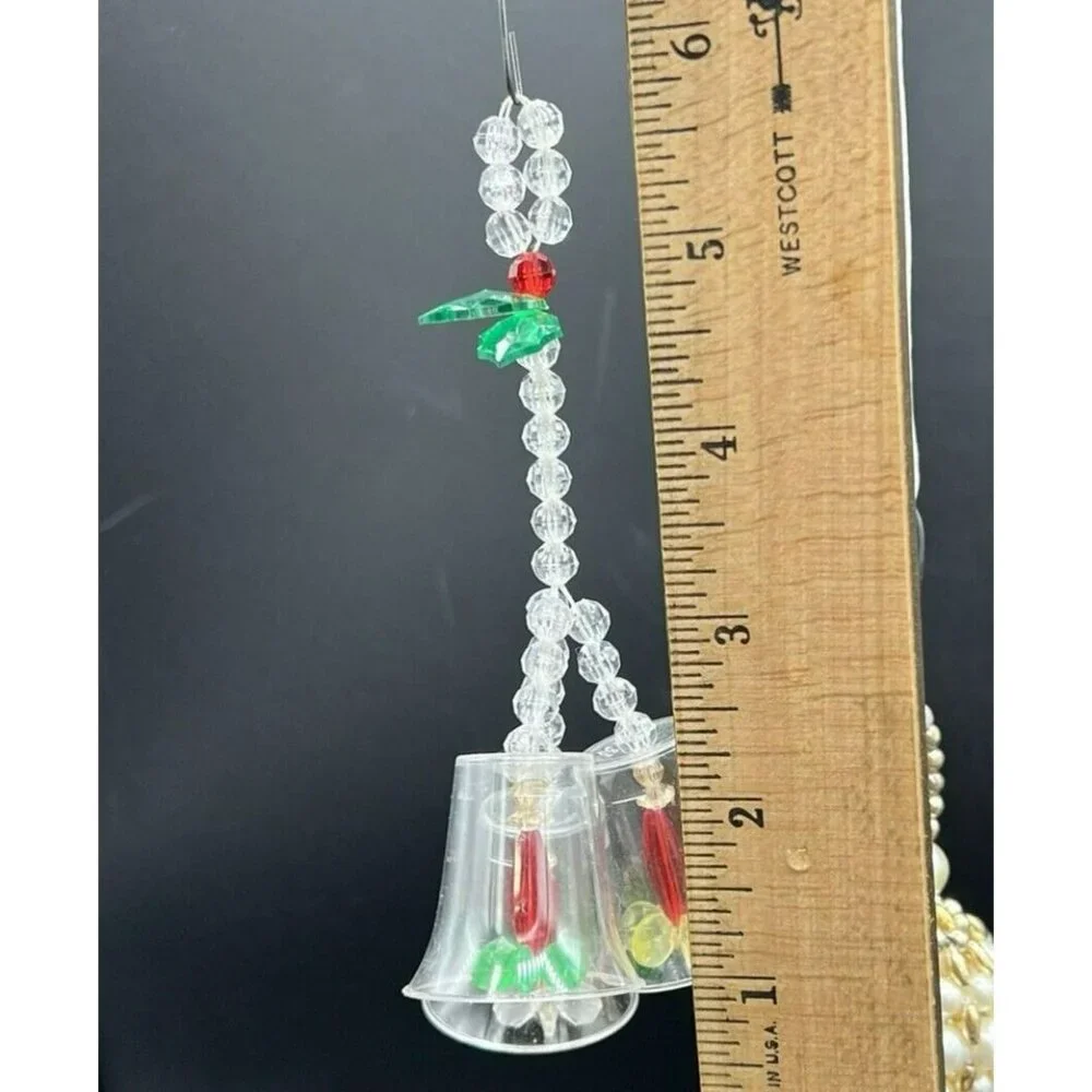 VTG Handmade Christmas Ornaments Bells Set of 7 Acrylic Beads Pink Silver Gold‎